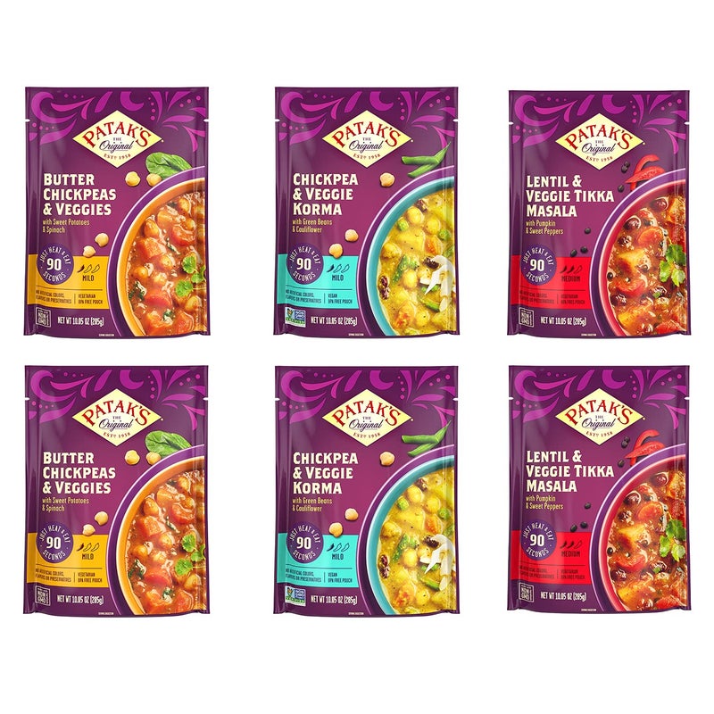 Patak's Ready-to-Eat Meals Variety Pack - Butter Chickpeas & Veggies, Chickpea & Veggie Korma, Lentil & Veggie Tikka Masala - Microwave Meals for Quick Dinners or Lunch - Serve w/ Rice or Naan - 10.5oz (Pack of 6 Total: 2 of Each Meal)